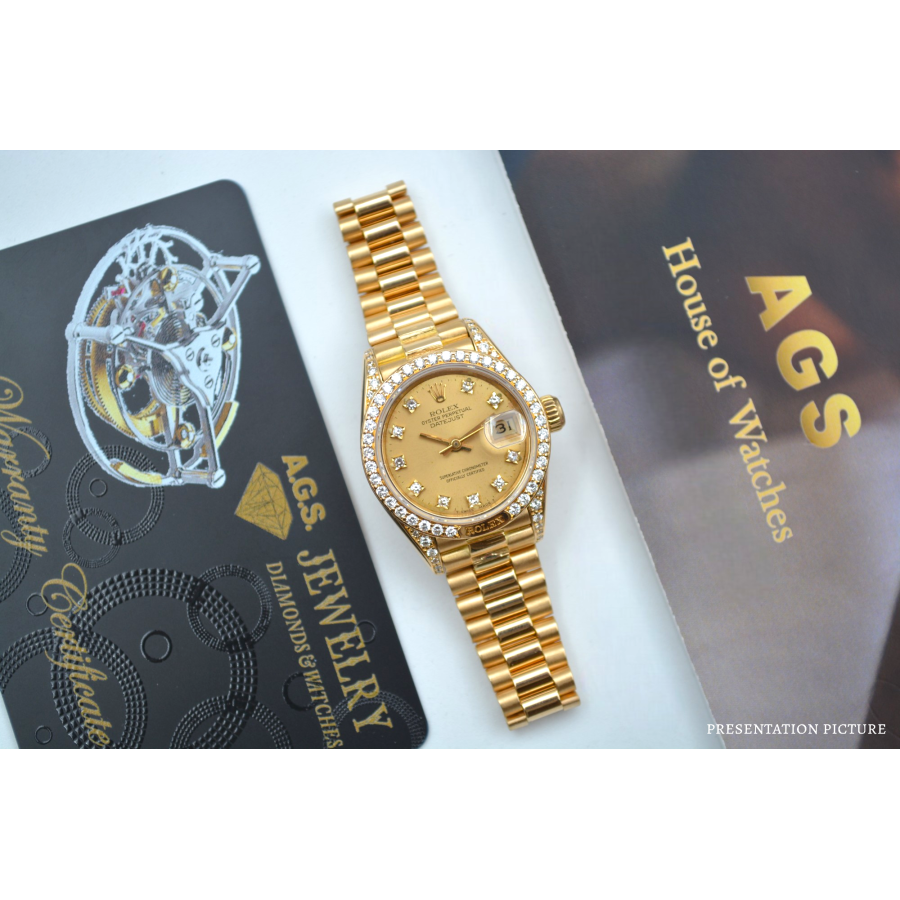 ROLEX LADY DATEJUST 26 CHAMPAGNE DIAMOND DIAL PRESIDENT GOLD AUTOMATIC 1987 REF: 69158